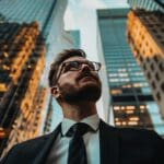 Corporate business man standing in front of tall city buildings.